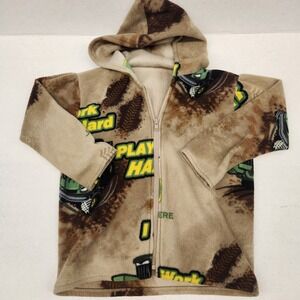 John Deere Kids Fleece Zip Up Hoodie Brown Mud Tractor Work Hard Play Hard 6-8